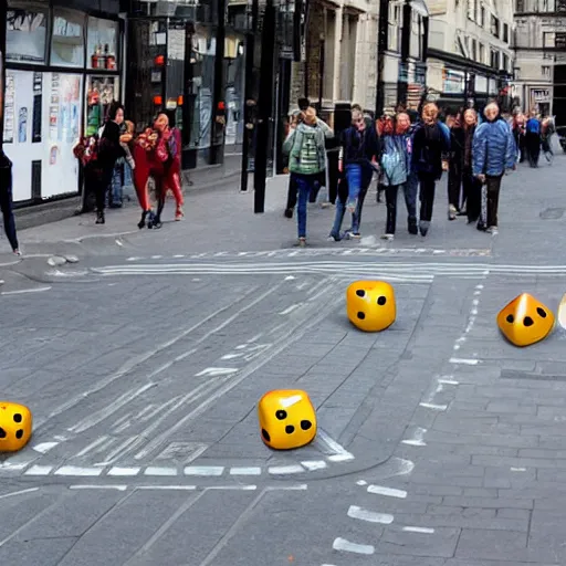 Prompt: massive 2 0 sided dice rolling down a busy london street