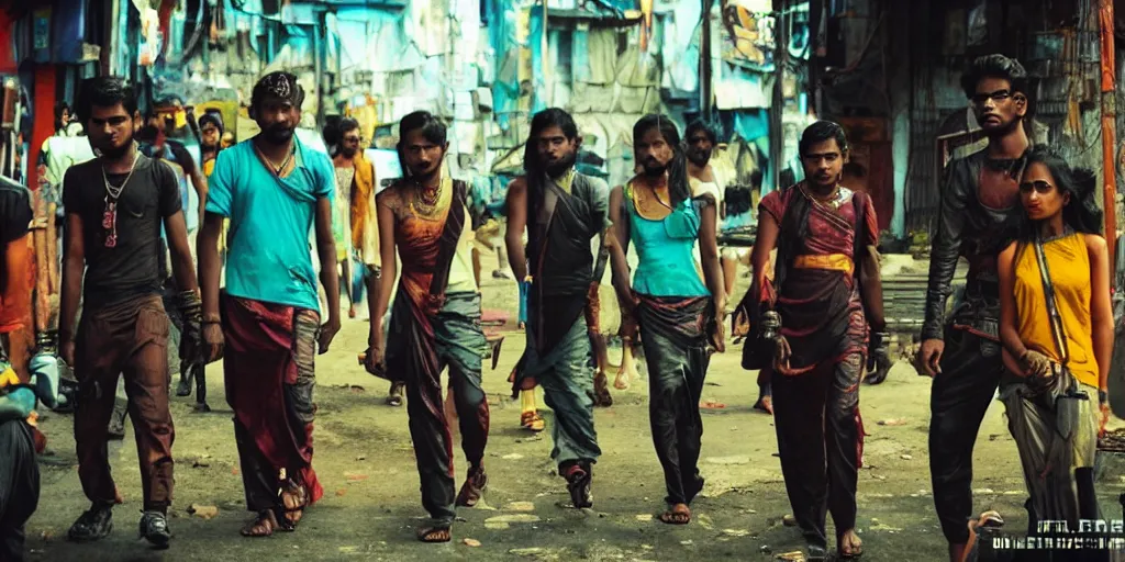 Image similar to sri lankan cyberpunk gang, film still, epic shot cinematography, rule of thirds, colorful, sci - fi tech style