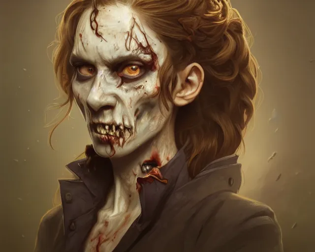 Image similar to formal portrait of a zombie. they are an animal trainer, and would like to be portrayed crouching in an attic room, deep focus, d & d, fantasy, intricate, elegant, highly detailed, digital painting, artstation, concept art, matte, sharp focus, illustration, hearthstone, art by artgerm and greg rutkowski and alphonse mucha