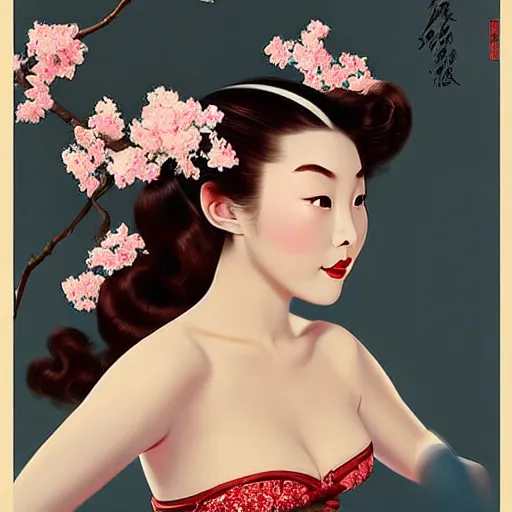 Image similar to pin - up portrait of a beautiful young chinese woman, pretty long hair, cherry blossoms, intense flirting, showing curves, symmetrical face, digital art, smooth, extremely detailed, model pose, intense look, dream, gorgeous young model, traditional beauty, pretty, by wu bayard, by gil elvgren, by ralph horsley, by hanks steve