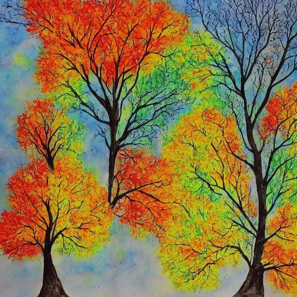 Image similar to a beautiful painting of one single tree representing all four seasons. Spring, Summer, Autum, Winter.