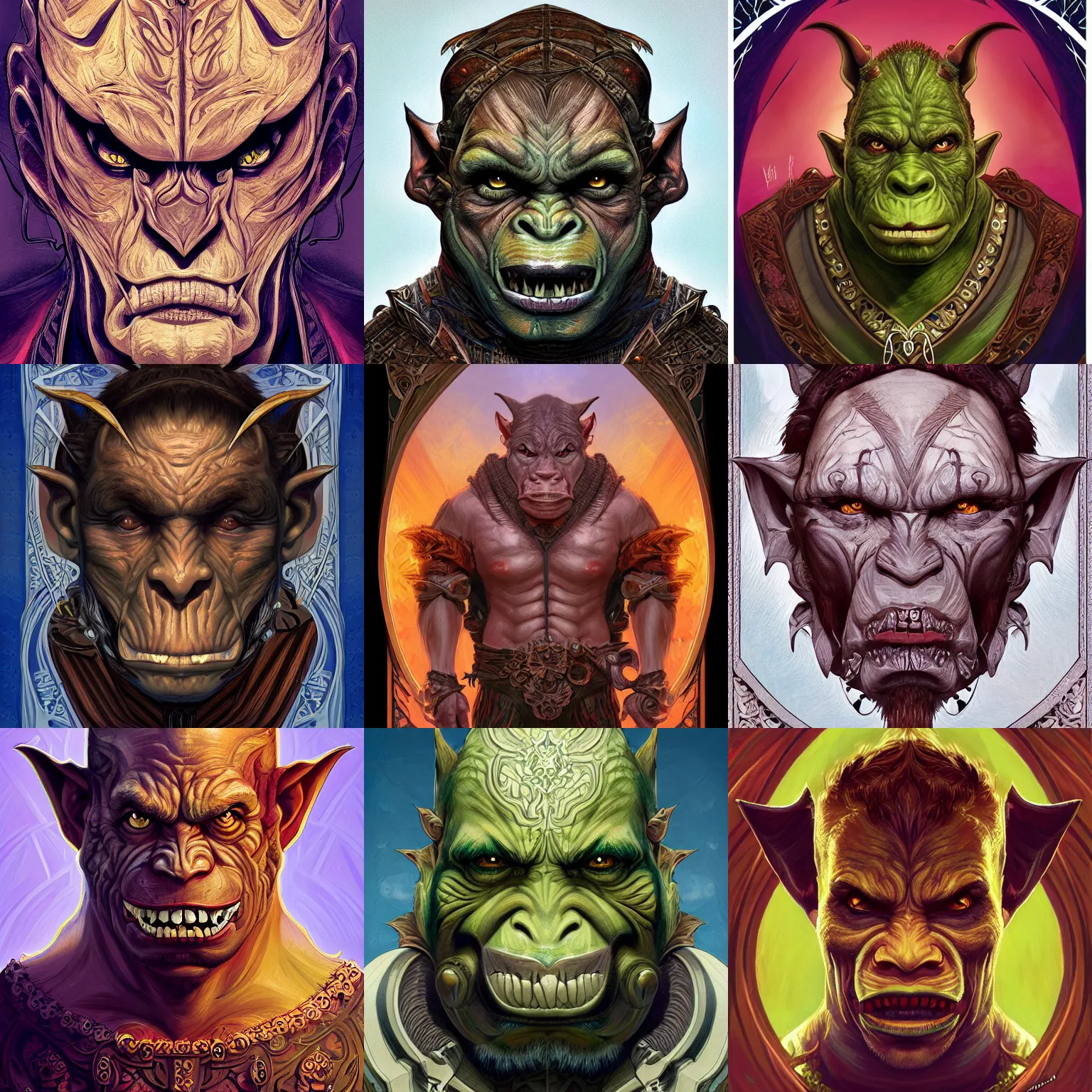 Prompt: head-on symmetrical centered painted portrait, male orc goblin rogue, art nouveau, fractal tarot card style, masterpiece, fantasy, intricate, elegant, highly detailed, smooth, sharp focus, illustration, artstation, in the style of Artgerm and Anna Podedworna and Alex Ross and Mucha