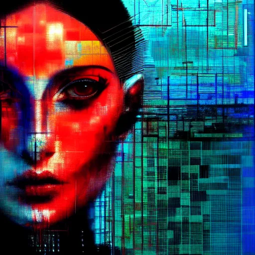 Prompt: hyperrealistic portrait of a mysterious cyberpunk woman, by Guy Denning, Johannes Itten, Russ Mills, glitch art, hacking effects, glitch effects, digital tech effects, cybernetics, detailed lings, chromatic, color blocking!, oil on canvas, octane, concept art, abstract, red face, 8k, trending on artstation