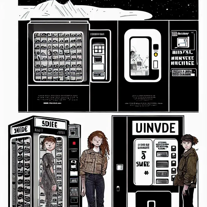 Prompt: sadie sink as a miner in a minimalist old - fashioned automated kiosk / vending machine with options to choose from. storyboard, scifi cyberpunk. by gabriel hardman, joe alves, chris bonura. cinematic atmosphere, detailed and intricate, perfect anatomy