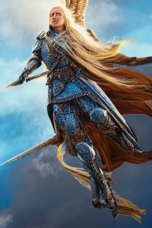 Prompt: realistic detailed photo of ladyhawke, soaring through the sky, blue eyes, woven armour with , intricate complexity, Behance, golden ratio, +fibanci background, vray, rich deep colors