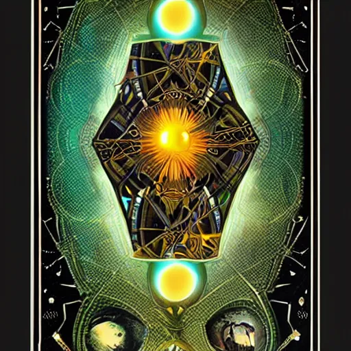 Image similar to the artificial general intelligence tarot card, artstation, technology, fractals