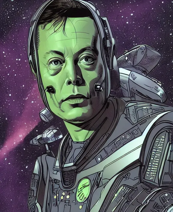 Prompt: Elon Musk as a borg drone in Star Trek: Voyager by Moebius, 4k resolution, detailed