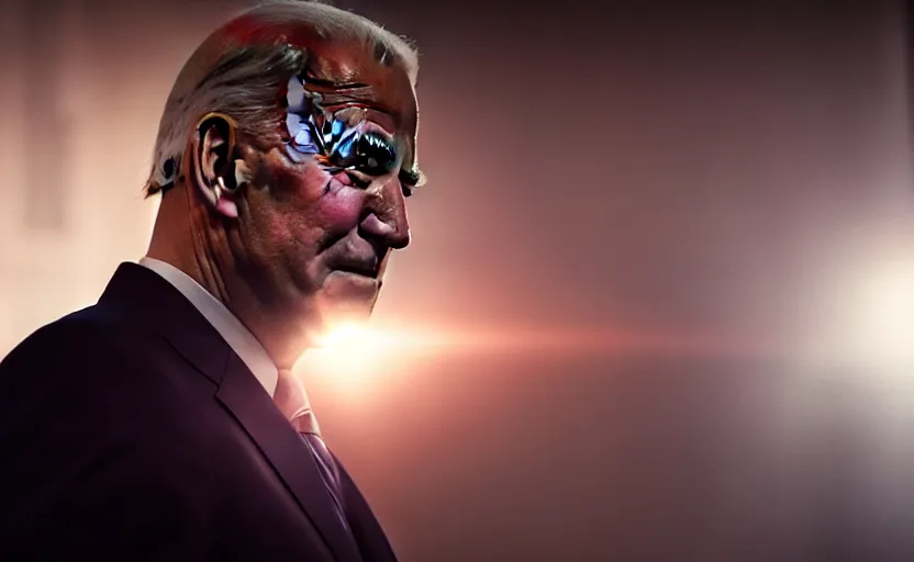 Image similar to Epic cinematic film still of Joe Biden in Blade Runner 2049. daylight. sunlight. lens flare. light fixtures. 8K. detailed. photorealism. artstation. 25mm f/1.7 ASPH Lens. ultra realistic