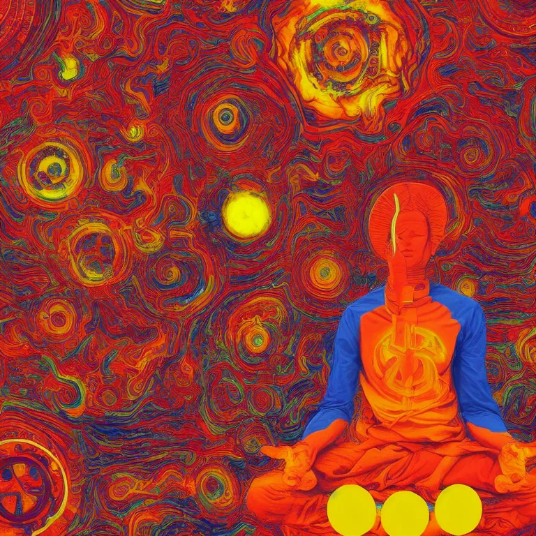 Prompt: human smiling meditating supreme peace immense knowledge infinite color dmt art red yellow orange fear suffering impending doom in background
