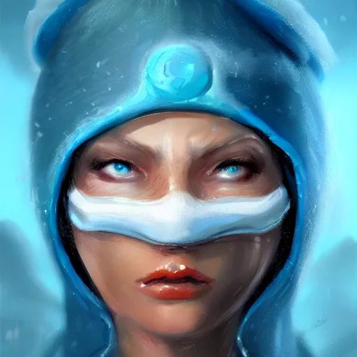 Image similar to snow bandit from ‘ icewind dale ’ with a bright blue gem mask, ‘ icewind dale 2 ’ profile portrait by ‘ justin sweet ’, falling snow, soft focus, illustration, oil paint, artstation