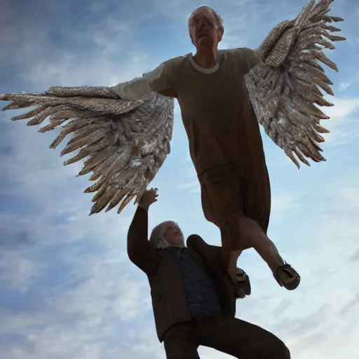 Image similar to angels ascending to heaven carrying an old man, photorealistic, 8 k