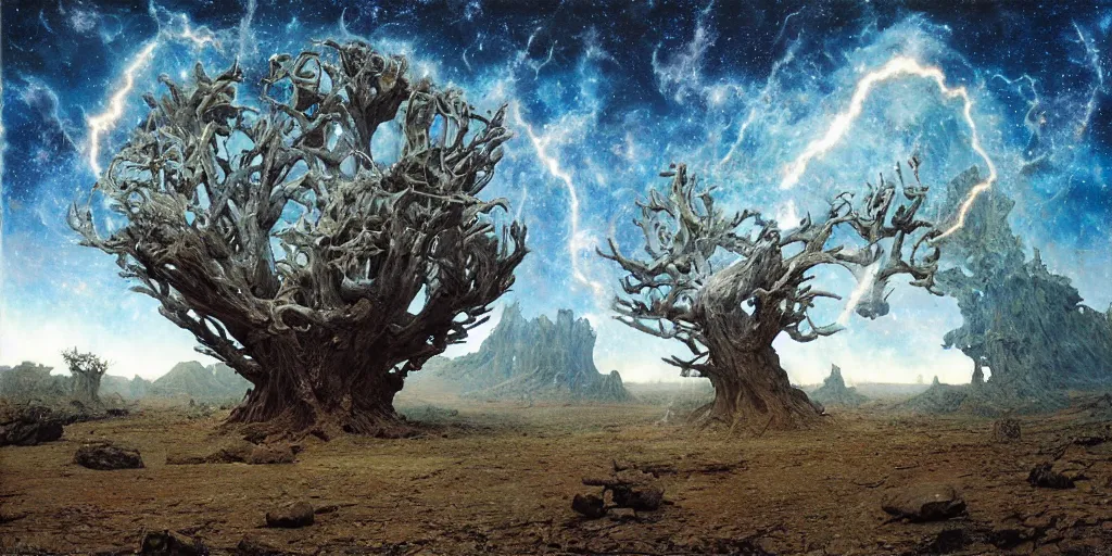 Image similar to supernova, giant tree made from asteroids in open space, painted by steve mccurry, ruan jia, raymond swanland, lawrence alma tadema, zdzislaw beksinski, norman rockwell, jack kirby, tom lovell, alex malveda, greg staples