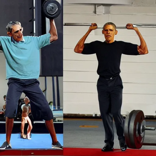 Prompt: obama lifting weights really strong