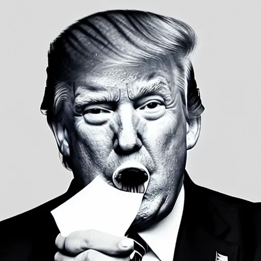 Prompt: candid portrait photo of president trump shoves wads of classified documents into his mouth, eating paper like it's lunch, detailed portrait, 2 4 mm lens, ap press photo new york times, sony 4 k camera