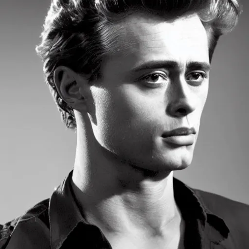 Image similar to man who is a genetic combination of sigourney weaver and james dean, face and upper body focus