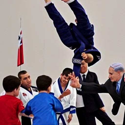 Image similar to benjamin netanyahu judo flipping a kid