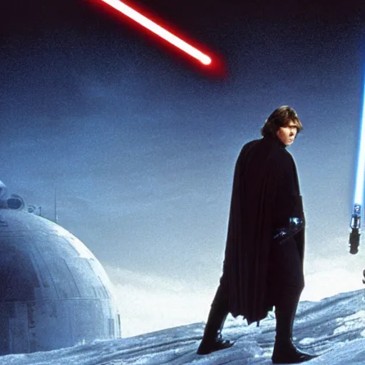 Image similar to a still from the movie star wars the empire strikes back, starring christian bale as luke skywalker