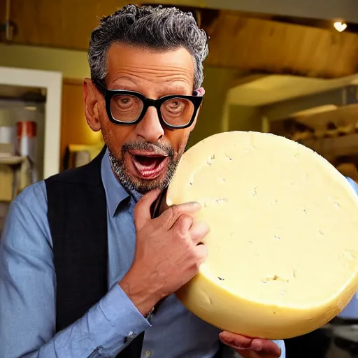 Image similar to jeff goldblum eating a large wheel of cheese,