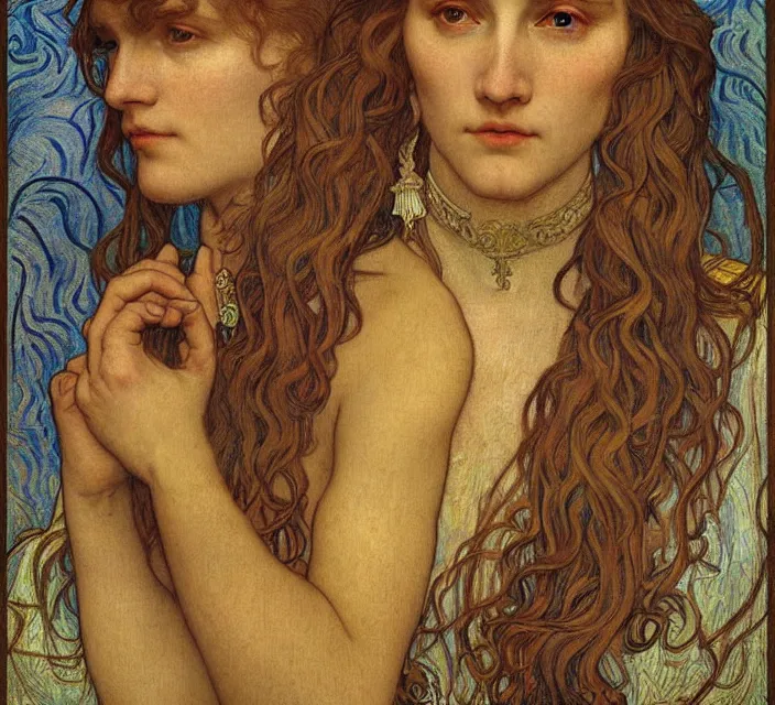 Image similar to detailed realistic beautiful young medieval queen face portrait by jean delville, alphonse mucha, vincent van gogh, and marco mazzoni, art nouveau, symbolist, visionary, gothic, pre - raphaelite