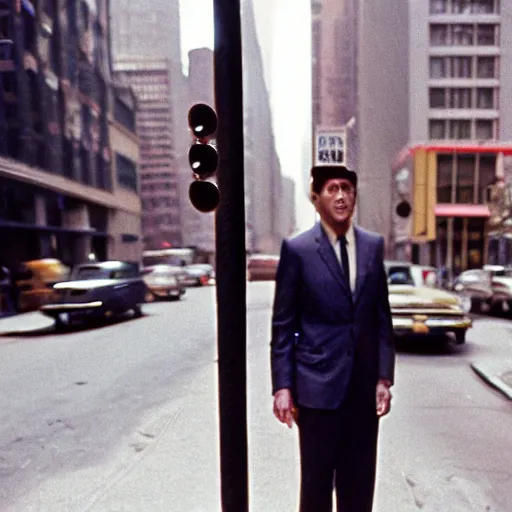 Prompt: portrait of a man in a suit in the streets of new york, 1 9 6 0 s, photo taken with ektachrome, featured on flickr, photographed on expired film