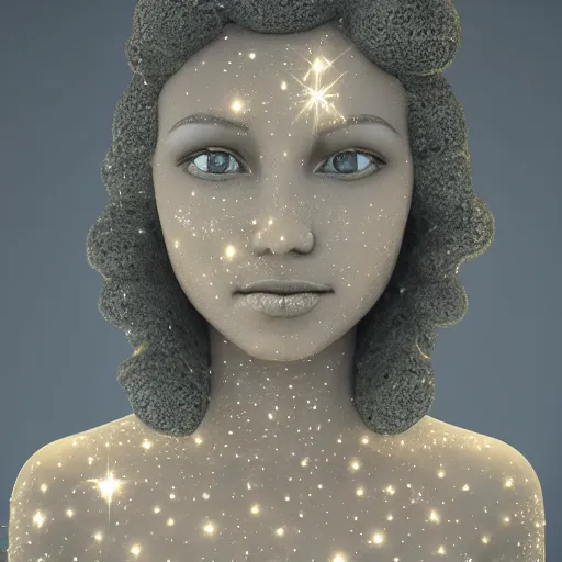 Image similar to sponge sculpture goddess of space, beauty, pretty face, glossy skin, stars, glowing, soft light, hdri, smooth, sharp focus, fantasy, intricate, elegant, highly detailed, 8 k