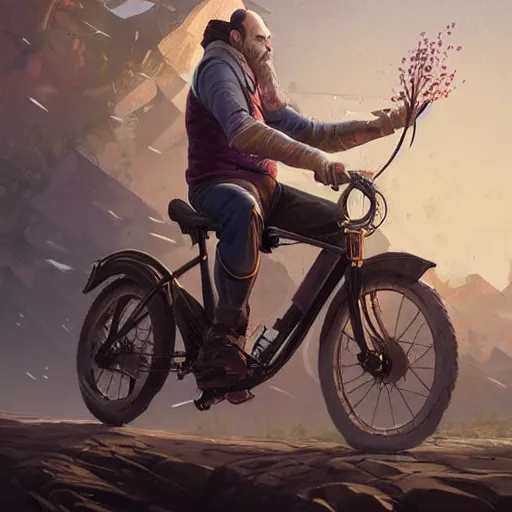 Prompt: man with receding hairline riding bike, intricate, elegant, highly detailed, digital painting, artstation, concept art, matte, illustration, hearthstone, art by artgerm and greg rutkowski and alphonse mucha, simon stalenhag, hyperreal