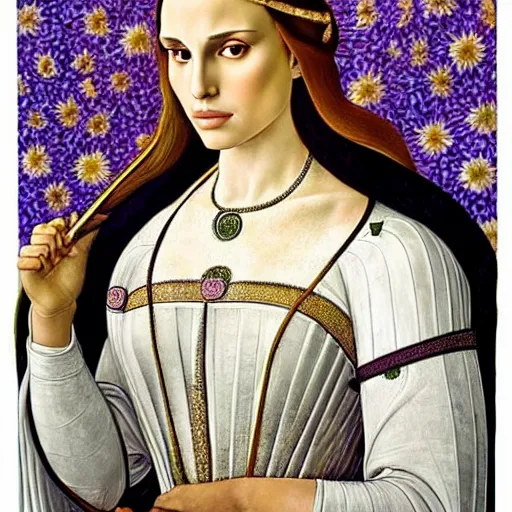 Prompt: natalie portman as the goddess of spring, elegant portrait by sandro botticelli, detailed, symmetrical, intricate