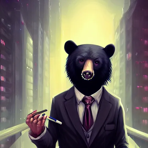 Image similar to a black bear wearing a suit and tie with a cigarette in his mouth, cyberpunk art by Cyril Rolando, featured on deviantart, furry art, furaffinity, smokey background, digital painting