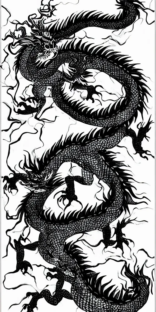 Prompt: high quality big chinese dragon ink stroke, black and white, brush, drops, splash