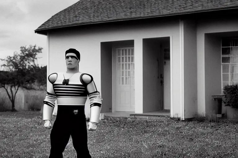 Prompt: cinematic film still from 1994 film: Farkas Bulkmeier from Mighty Morphin Power Rangers standing near a house. XF IQ4, f/1.4, ISO 200, 1/160s, 8K, RAW, dramatic lighting, symmetrical balance, in-frame