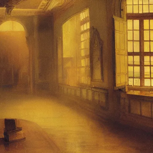 Image similar to painting of an empty dishelved studying room with yellow light from above, books scattered, highly detailed, intricate, dark colors, j. m. w turner, 8 k, intricate, dramatic lighting