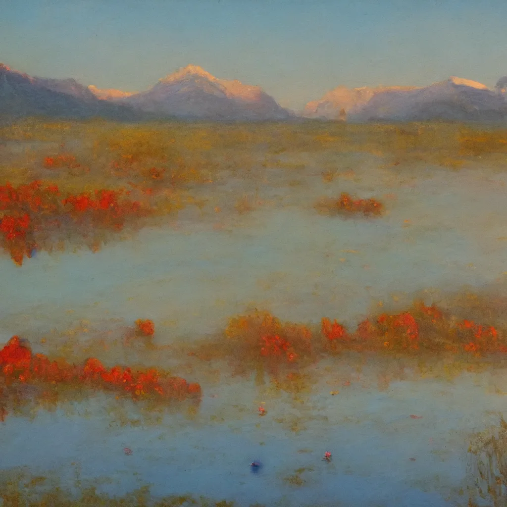 Image similar to impressionism painting of a pond of water lily on a foggy morning, red barn in distance, sun low on horizon through snow capped mountains, soft light