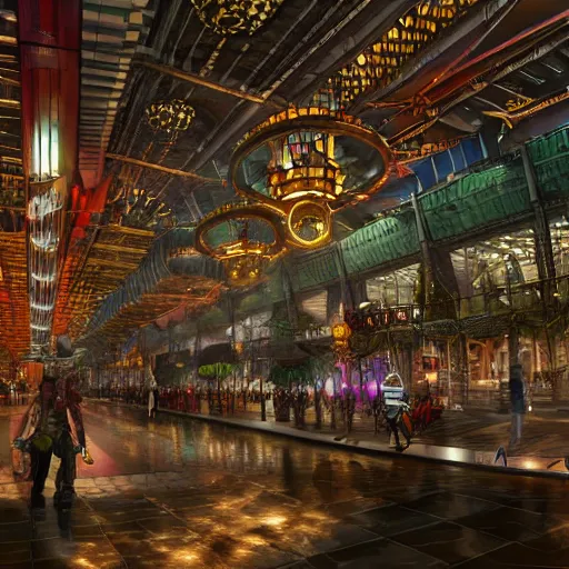 Prompt: terminal 2 1 in bangkok. steampunk and magical colors. trending on artstation.