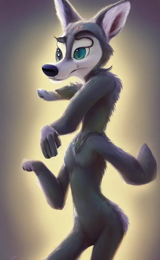 Image similar to oil painting of detailed full body of anthromorphic female wolf, in style of zootopia, zootopia, zootopia, fursona, furry, furaffinity, 4 k, deviantart, furry art, fursona art, wearing black business suit, business suit, in style of zootopia, wolf fursona, cyberpunk, female, expressive detailed feminine face,