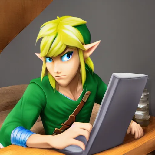 Prompt: Link from Zelda, sitting at a desk programming on a computer, close-up shot, cozy, elegant, realistic character concept, high fantasy, light atmosphere, golden ratio, cinematic lighting, hyperdetailed, high resolution, insanely detailed and intricate, digital art