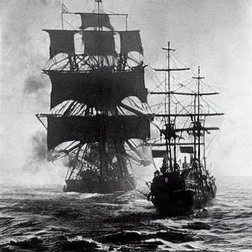 Image similar to an impossibly huge pirate ship, being attacked by a kraken. 1910s photograph