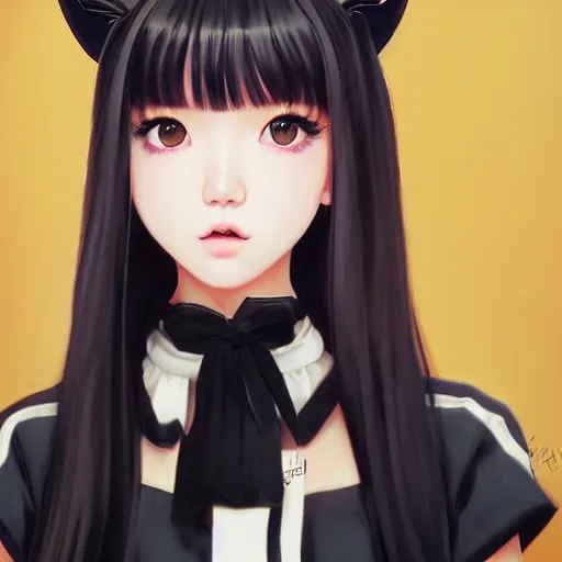 Prompt: realistic detailed semirealism beautiful gorgeous cute Blackpink Lalisa Manoban wearing Japanese school uniform, black hair black cat ears, black leather choker, proportional body, WLOP, Aztodio, Taejune Kim, sakimichan, ArtGerm, Pixiv, Instagram, Artstation