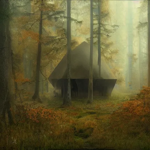 Prompt: an old broken hut in an autumn forest, many alot of huge tall mushrooms around it, green and brown tones, by Aron Wiesenfeld and beksincki, cinematic, detailed illustration, nature, fog, dark colors, suspense, intricate, 8k