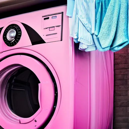 Image similar to photograph of pink clothes being washed in a washing machine. 8k resolution. hyperrealistic.