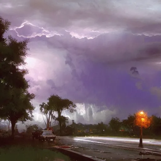 Image similar to a beautiful thunderstorm rolling over a small town, with the clouds illuminated slightly purple, ominous, eerie, craig mullins