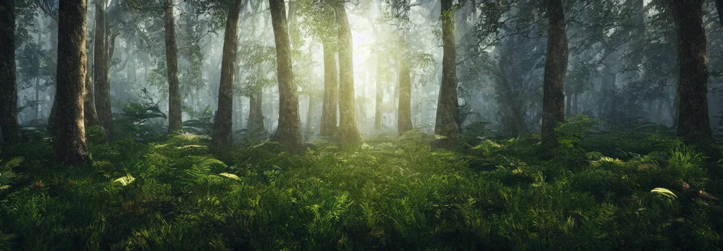 Image similar to a forest with glowing plants, wide shot, cinematic, ultra realistic, ultra detailed