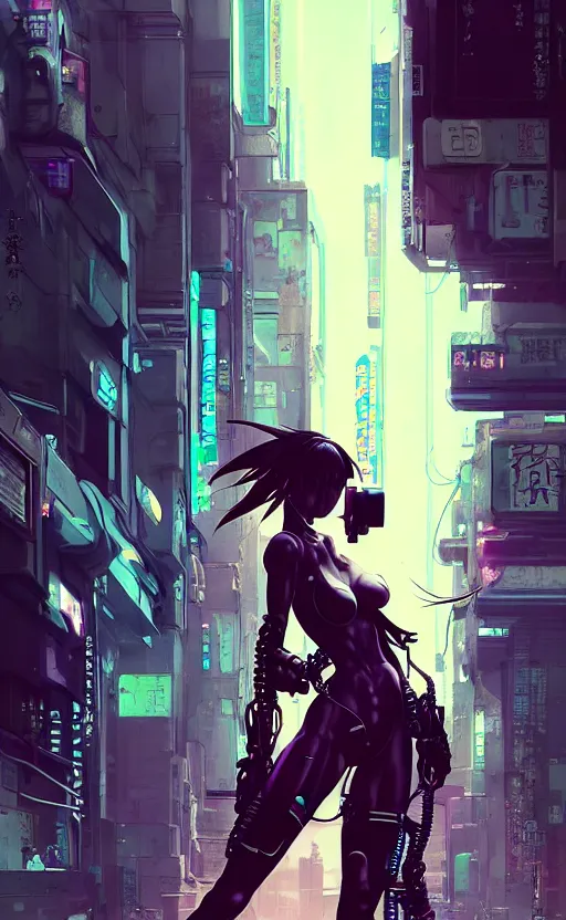 Image similar to hyper - realistic cyberpunk portrait of beautiful! anime woman standing on tokyo street, extreme detail, alluring, in style of yoji shinkawa, pan ren wei, col price, atey ghailan, by greg rutkowski, by greg tocchini, by james gilleard, by joe fenton, by kaethe butcher, grunge aesthetic