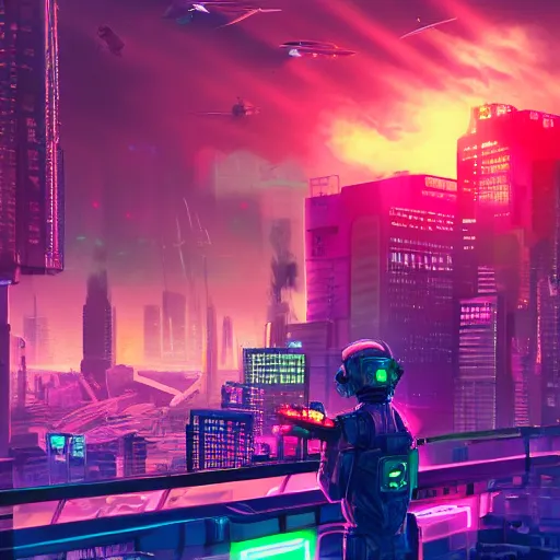 Prompt: Neon city, soldier standing on roof of large building, looking over city, spaceship landing, Colorful, cyberpunk, high detail, photo realistic, art station
