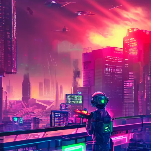 Man needlessly standing on roof overlooking cyberpunk city posing