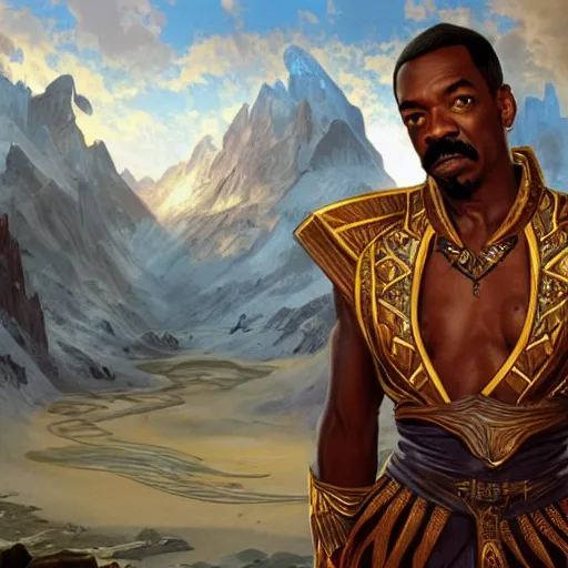 Image similar to eddie murphy as teferi, in the style of magic the gathering, glacier landscape, d & d, fantasy, intricate, elegant, highly detailed, digital painting, artstation, concept art, matte, sharp focus, illustration, art by artgerm and greg rutkowski and alphonse mucha