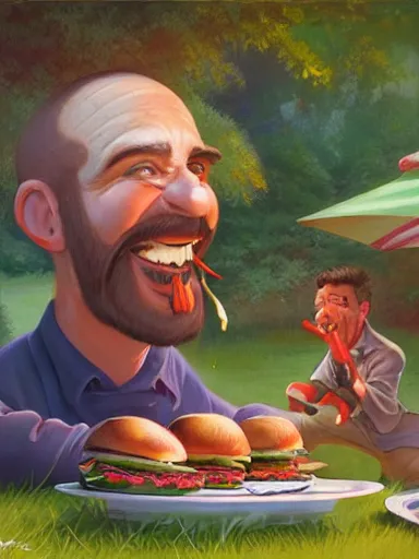 Prompt: a happy middle aged man, fliping burgers in the grill on the lawn. intricate, elegant, highly detailed, digital painting, artstation, concept art, sharp focus, illustration, by justin gerard and artgerm, 8 k