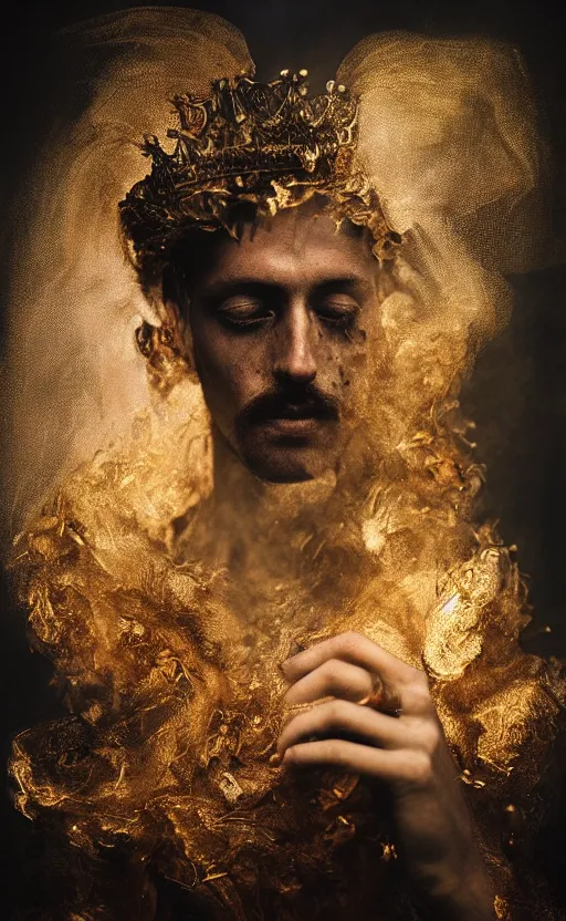 Prompt: 'Portrait of King Arthur' by István Sándorfi and Lee Jeffries royally decorated, whirling smoke, embers, gold encrustations , gilt silk torn fabric, radiant colors, fantasy, perfect lighting, studio lit, micro details,