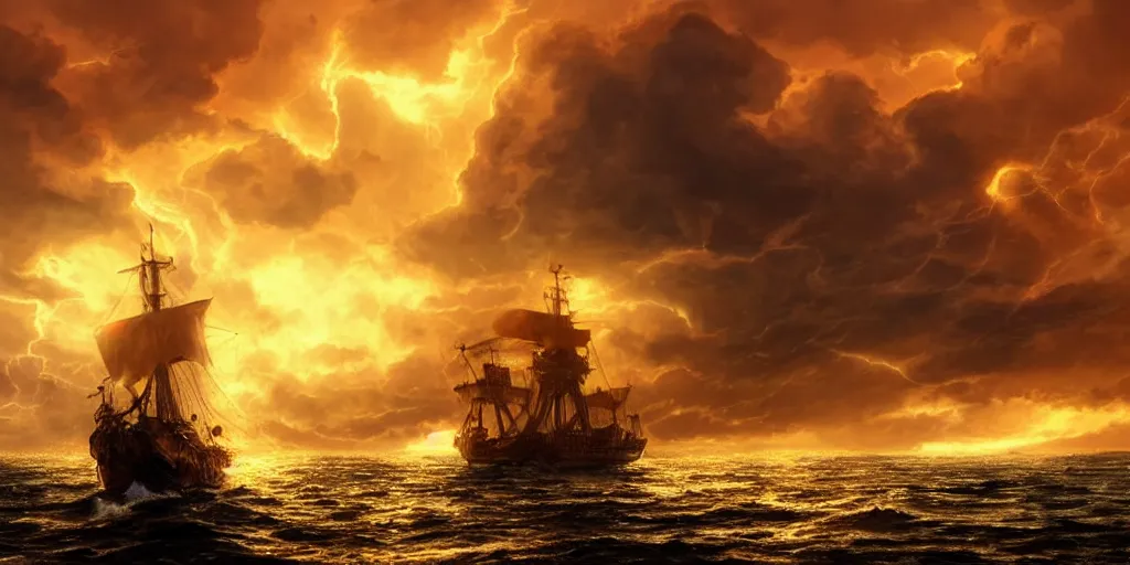 Prompt: close portrait of a ship on the sea, over the shoulder on the ship is a medieval woman ship pilot from behind, dramatic golden neon sunset with wall of storm clouds, wearing shiny breastplate, dynamic lighting, hyperrealistic, hd 4 k, artstation