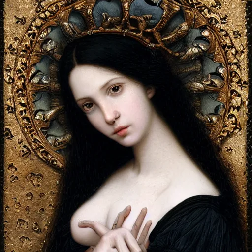 Image similar to highly detailed portrait of a beautiful cute girl with birds, endless black hair, with pale skin, fibonacci, fragile, sitted on an intricate stone throne by nicola samuri, by dino valls, m. w. kaluta, rule of thirds, seductive look, 4 k resolution