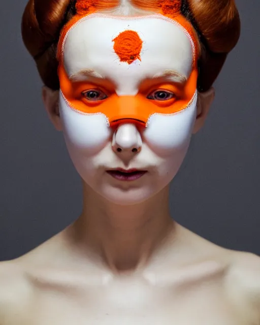 Image similar to symmetrical close - up portrait of a woman wearing a orange silicone embroidered beauty mask and hair buns, wearing a black bodysuit by alexander mcqueen, cream white background, soft light, biotechnology, humanoide robot, bjork aesthetic, translucent, by rineke dijkstra, intricate details, highly detailed, masterpiece,